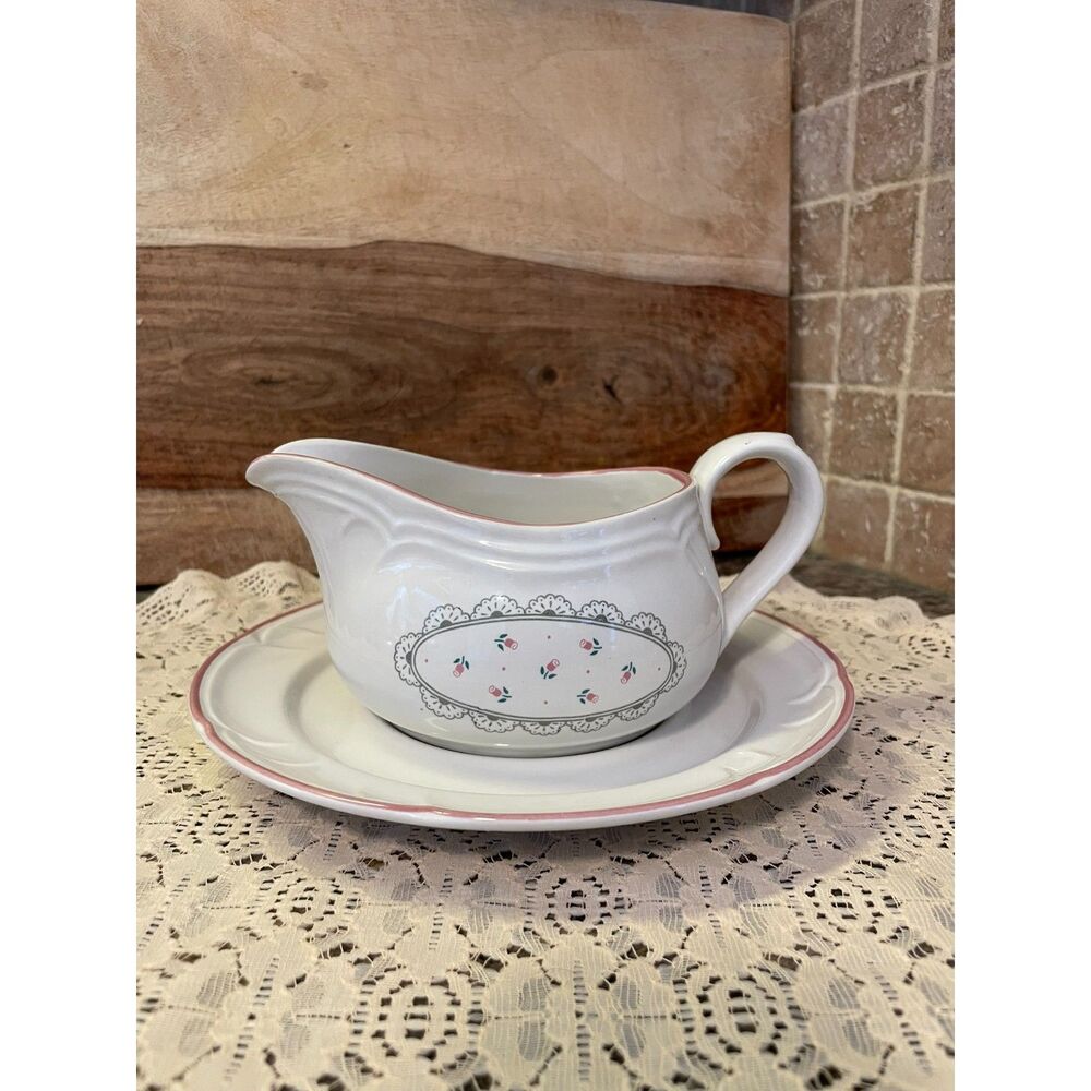 Vintage 1988 Victoriana Japan Gravy Boat Set, Shabby Chic Farmhouse Serveware